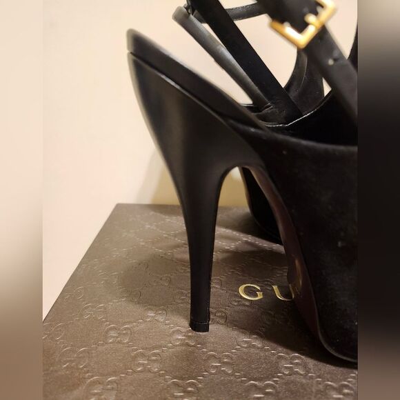 NIB Gucci Blck Suede/Leather Peep Toe Slingback Ankle Strap Pumps Sz.8/38.5 $995 - Picture 5 of 12